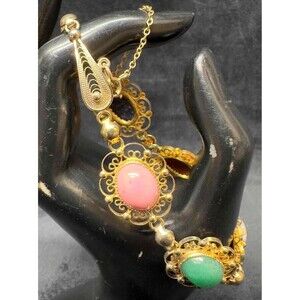 12K Gold Filled Filigree SCARAB Bracelet 5 Gemstone Crazy Lace Agate, Lapis Jade